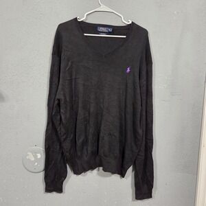 Polo Ralph Lauren Mens Black Pima Cotton V Neck Sweater XL Purple Pony Logo
